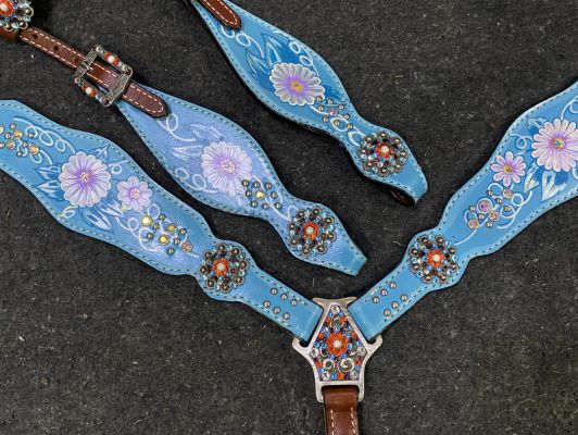 Showman One Ear Headstall and Breast Collar Set Painted Blue with Flower accents #3